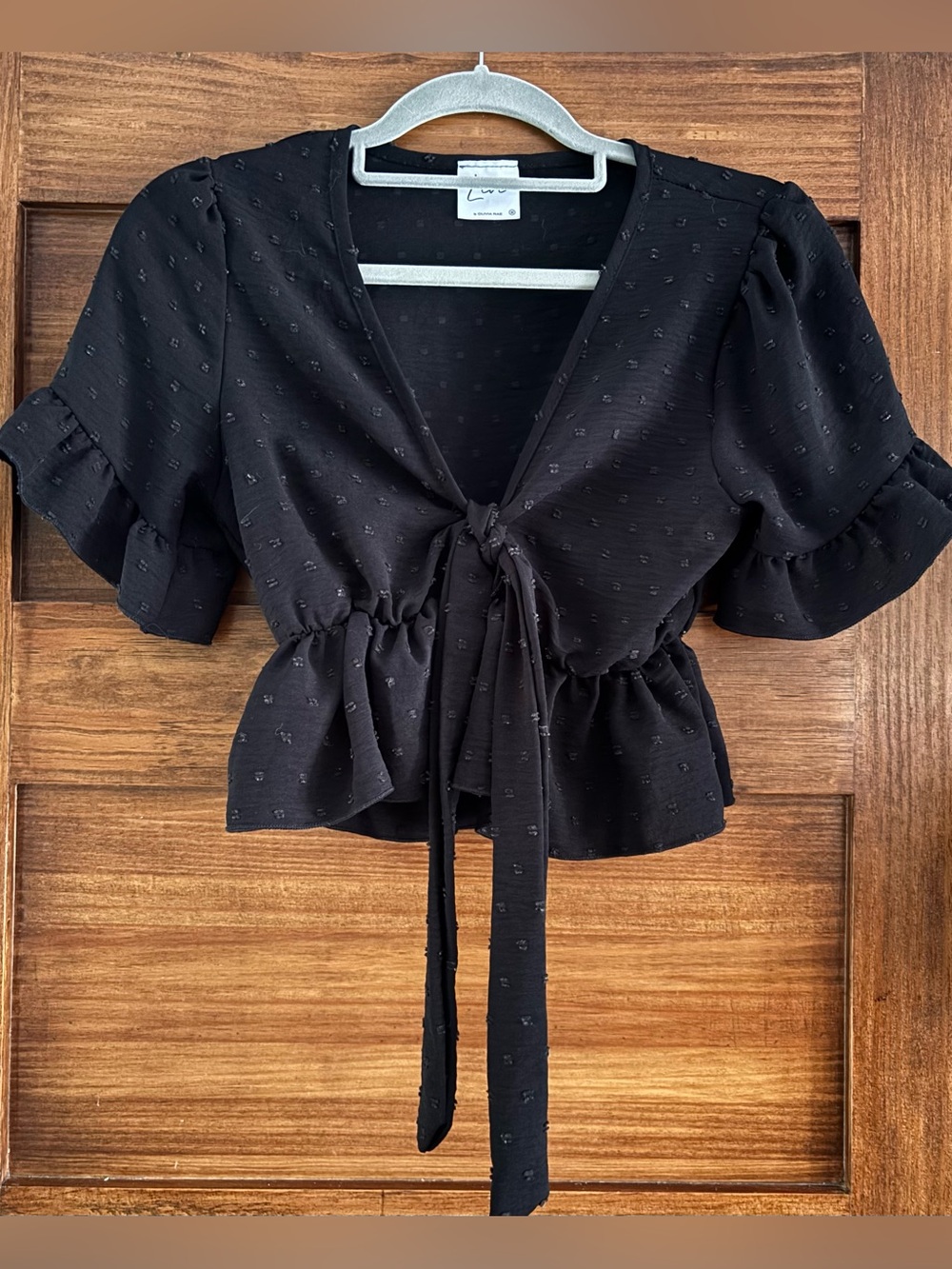 Olivia Rae Black Tie-Front Crop Blouse with Puff Sleeves